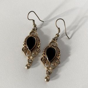 Vintage Gold Brass Black Teardrop Filigree Dangle Earrings Pretty Fancy Estate